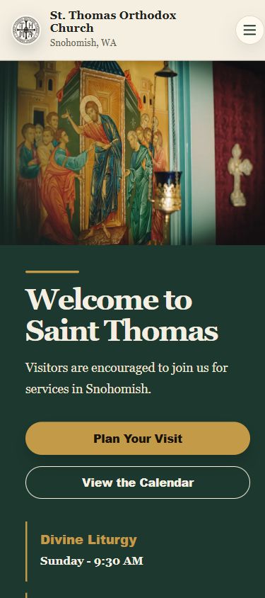 Actual mobile homepage of St. Thomas Orthodox Church in Snohomish